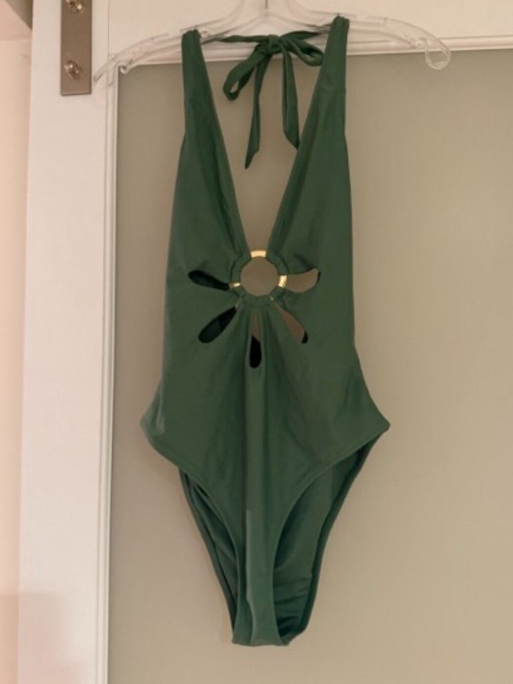 Olive green one piece swim halter suit with cutout Cupshe M